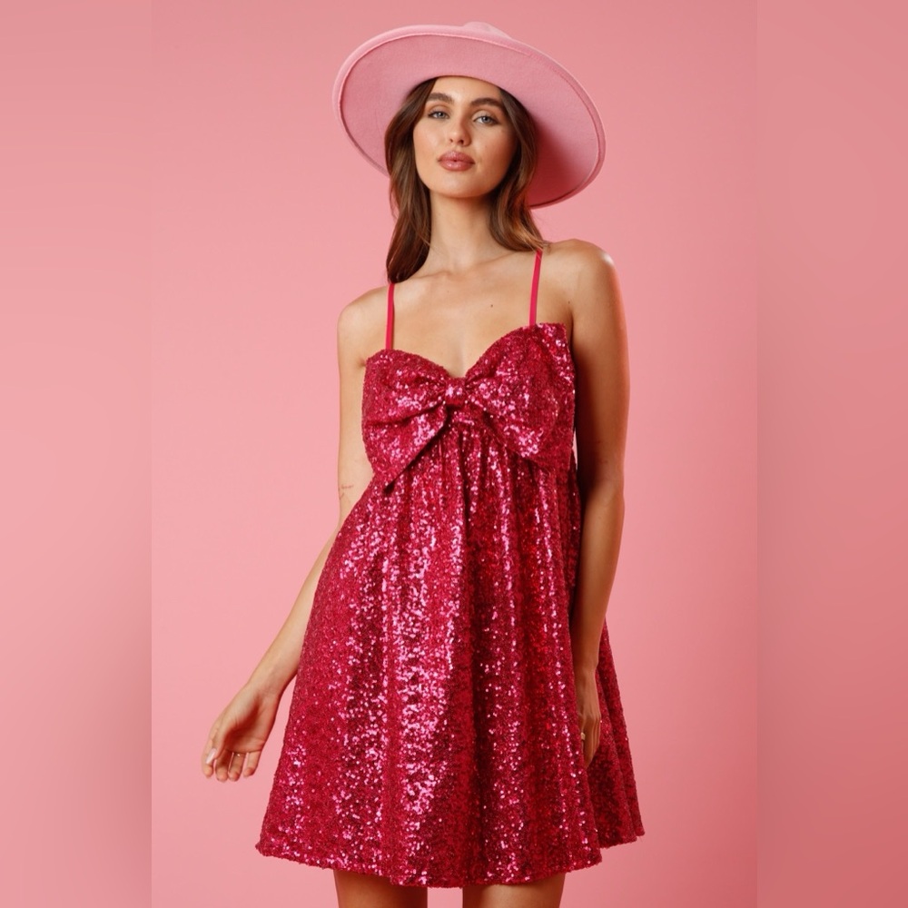 Peach Love California Pink Sequin Mini Dress with Bow Detail